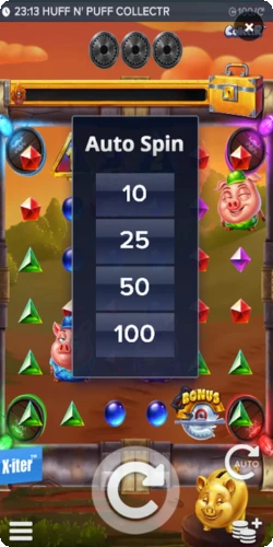 Huff N Puff CollectR Auto Spin options — 10, 25, 50, 100 spins
