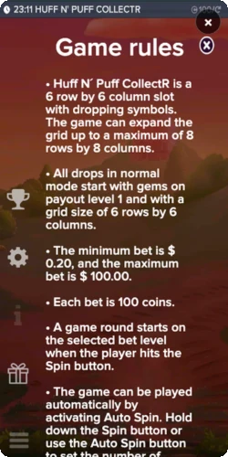 Huff N Puff CollectR game rules — 6x6 grid, min bet $0.20, max bet $100