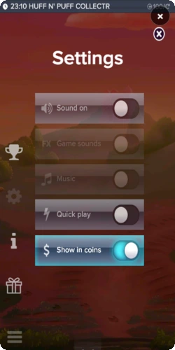 Huff N Puff CollectR game settings menu